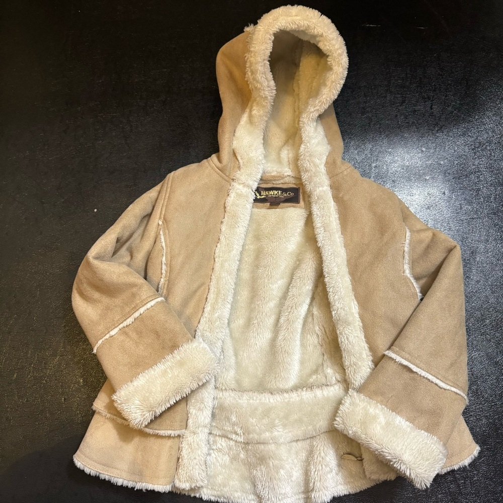 Hawke & Co Outfitter Brown Girls Coat with faux fur and faux suede. Size 5.